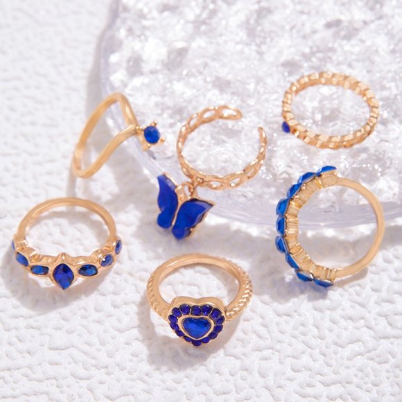 3/$35 6 Piece Joint Knuckle Rings Set Stackable Gold Blue Heart Charm Crystal - Picture 6 of 9